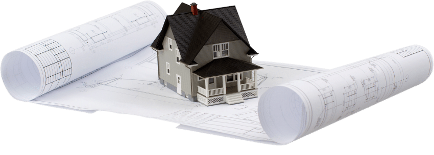 House model resting on rolled building plans