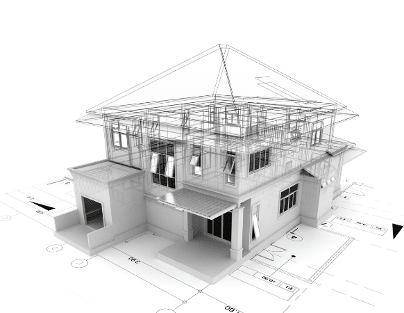 Architectural wireframe model of a two-storey home